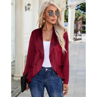Womens Velvet Blazer Long Sleeve Suit Jackets Open Front Work Office Cardigan Coat