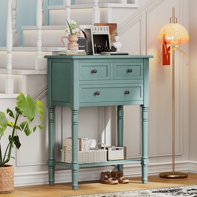 CAVINAS Narrow Modern Console Table, Slim Sofa Table with Three Storage Drawers and Bottom Shelf for Living Room