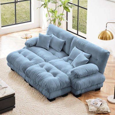 DOMETOUR Cloud Couch Chenille 2 Seater sofa with 2 Lumbar pillows and 2 throw pillows , Upholstered Wide Arm Sofa with 2 Ottomans,Chenille