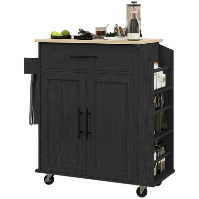 Resenkos Kitchen Cart, Kitchen Island Cart,Kitchen Island on Rollers with Power Outlets, Drawer, and Doors, Black