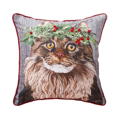 C&F Home Cat Wearing Holly Crown Printed & Embellished Christmas Accent Pillow, 18" x 18"