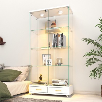 KTMBDW Glass Display Cabinet with 4-Shelf Double Doors&Lock, Curio Cabinet, Tempered Glass Floor Standing Bookshelf with Drawer for Living Room,Office