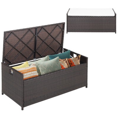 Costway  34 Gallon Patio Wicker Storage Deck Box W/Cushion Off White Backyard