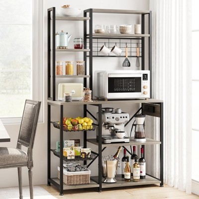 Bakers Rack with Power Outlet, Kitchen Stand, Kitchen Storage Rack