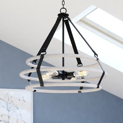 VAXCEL Taylor 4L Black and Ash Gray Drum Cage Industrial Pendant Light with Fabric Straps