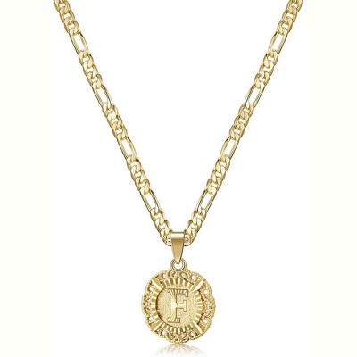Women's 14K Gold Plated Initial Necklace with Round Letter Pendant from A-Z on Figaro Chain