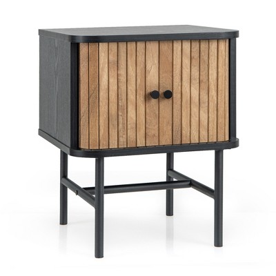 Costway Sliding Door Nightstand Mid-century Modern Storage End Table with Cabinet Black/Distressed White