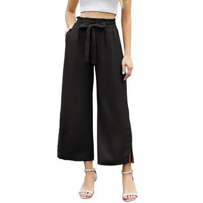 Womens Shirred Paperbag-Waist Pants High Waisted Pants with Pockets Side Slit Wide Leg Pants Waist Tie Knot Palazzo Trousers