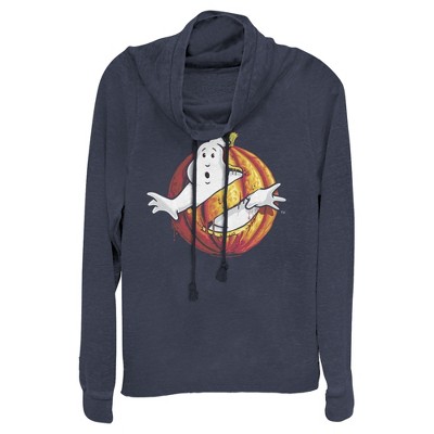 Juniors Womens Ghostbusters Halloween Pumpkin Logo Cowl Neck Sweatshirt