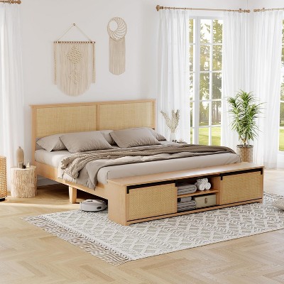 Natural Rattan Queen Bed Frame with Headboard & Sliding Barn Door Storage, Boho Farmhouse Wood Platform Bed, No Box Spring