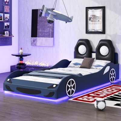 Twin Size Race Car-Shaped Platform Bed with LED and Upholstered Backrest-ModernLuxe