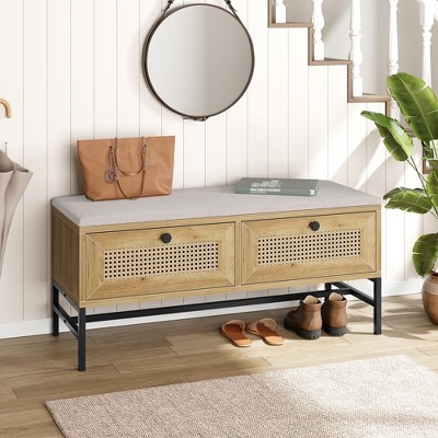 Rattan Shoe Bench Entryway Bench with Storage Drawer and Cabinet