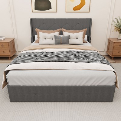 PAGED Bed Frame with Storage, Lift Up Storage Bed with Modern Wingback Headboard and USB Ports, Box Spring Not Required