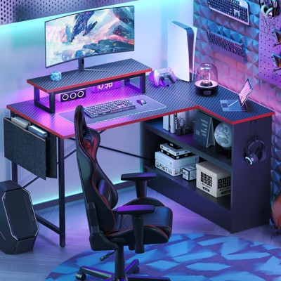 Bestier 42''L-Shaped Computer Desk with Reversible Storage Shelves,Home office Desk with LED Light&Monitor Stand,Modern Desk with Open Storage Cabinet