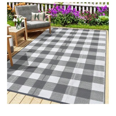 Black and white - 9*12 feet  Outdoor Area Rug Plastic Waterproof  Stain Resistant Checkered Reversible Light Weight Portable Mat UV Resistant Carpet