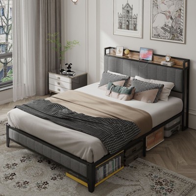 CAVINAS Queen Bed Frame, Metal Queen Bed with Charging Station, Modern Storage Bed with Upholstered Headboard for Bedroom