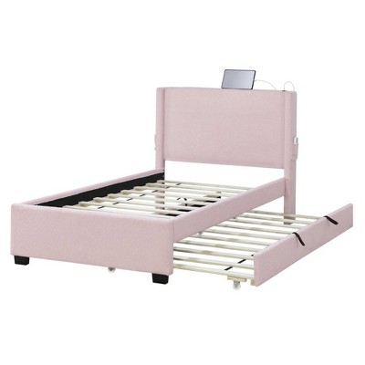 INFURNIC Beds, Twin Over Pull-Out Bunk Bed with Trundle and Headboard, Extendable Bunk Beds for Small Space Bedroom, Pink, 82.7"*44.5"*40.6"
