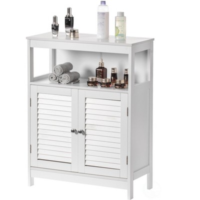 Basicwise Wooden White Modern Storage Bathroom Vanity Cabinet with Adjustable Shelves and Two Horizontal Planks Design Doors