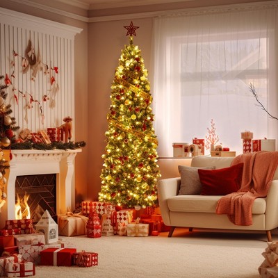 Pre-Lit Slim Xmas Tree with Warm White Lights, Pine Cones & Stand ¨C Perfect for Home, Party