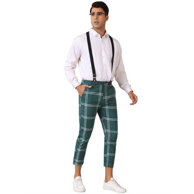 Lars Amadeus Men's Tapered Leg Formal Plaid Checked Suspender Cropped Pants Trousers