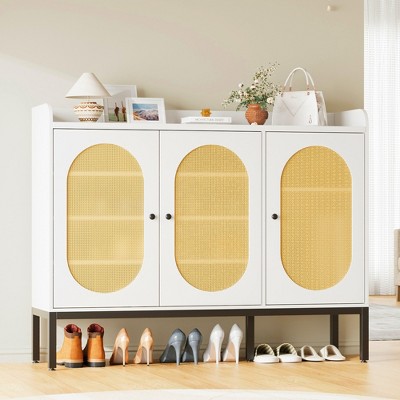 Rattan Shoe Cabinet with 3 Doors, 8-Tier Freestanding Shoe Organizer with Adjustable Shelves, Large Storage Space for Entryway, Hallway, Living Room
