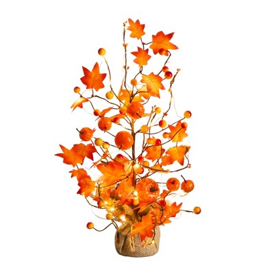 Nearly Natural 18-in Pre-Lit Artificial Maple Tree with Pumpkin Ornaments and 30 LED String Lights in Burlap Wrapped Base Base