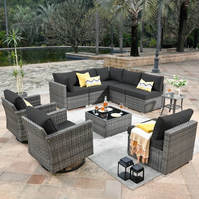 Ovios Venice 10pc Wicker Outdoor Patio Furniture Set Conversation Sofa Sectional with a Swivel Chair and Cushions