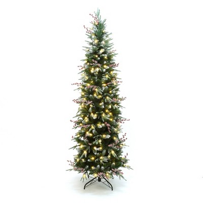 LuxenHome 7.5Ft Pre-Lit Pencil Artificial Christmas Tree with Frosted Tips and Red Berries Green