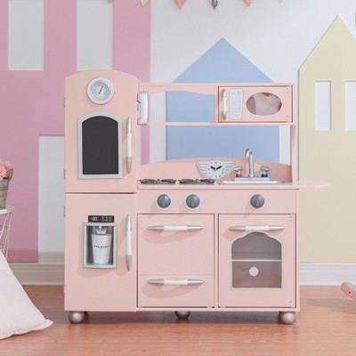 Teamson Kids Little Chef Westchester Retro Pretend Play Kitchen with Accessories, Ice Dispenser, Oven, Microwave, Refrigerator, Pink