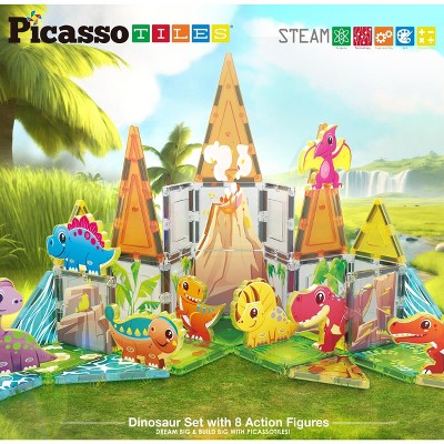 PICASSO-TILES Magnetic Tiles for Kids, 38PCS Magnet Tile Dinosaur Theme, Educational Building Blocks Set, STEM Toy