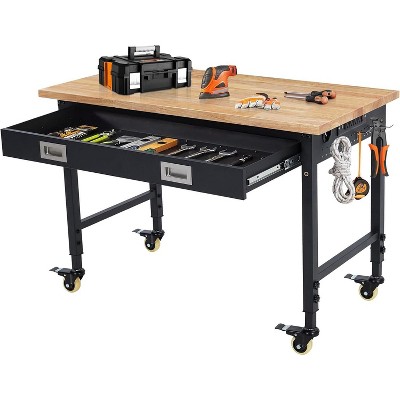 48"x24" Adjustable Workbench, 2000LBS Heavy Duty Table with Rubber Wood Top, Power Outlet, Pegboard, Lockable Casters, for Garage/Workshop/Shed