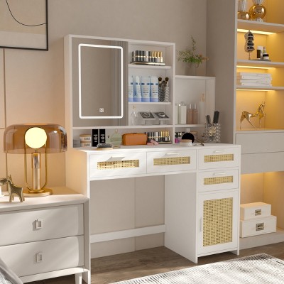 Vanity Table Modern with LED Mirror and Sliding Cabinet for Bedroom Storage -3irtyhousy