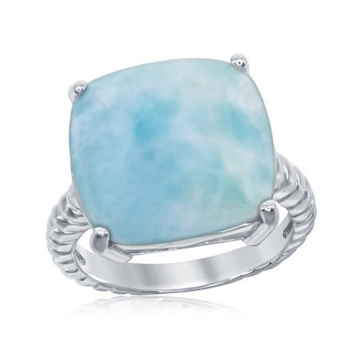 Caribbean Treasures Sterling Silver Four-Prong Square Larimar with Rope Design Band Ring - Available Sizes:  9 ,  8 ,  7 ,  6