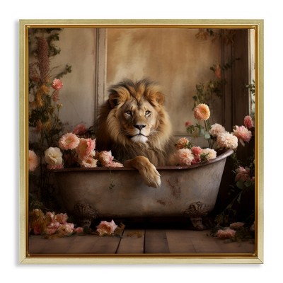Stupell Industries Lion in Flower Filled Tub Black Framed Floater Canvas Wall Art