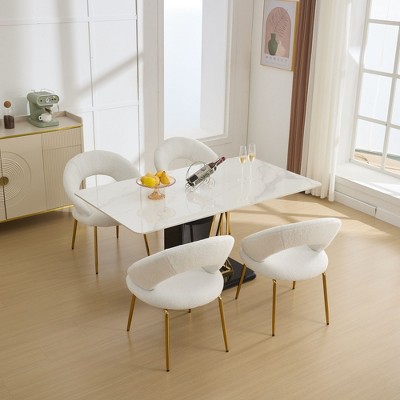 Set of 1 Teddy Fabric Dining Chairs With Curved Backrest and Golden Metal Legs for Kitchen or Dining Room ,White