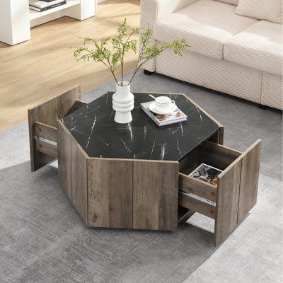 Hexagonal MDF Rustic Retro Coffee Table with 2 Hidden Drawers and Textured Marble Top for Living Room and Reception Areas
