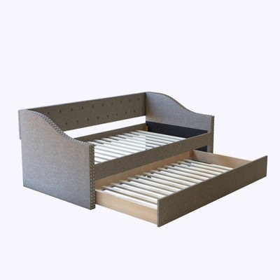 Twin Nora Tufted Linen with Nail Button Trim Upholstered Day Bed and Roll Out Trundle Frame Set - Eco Dream