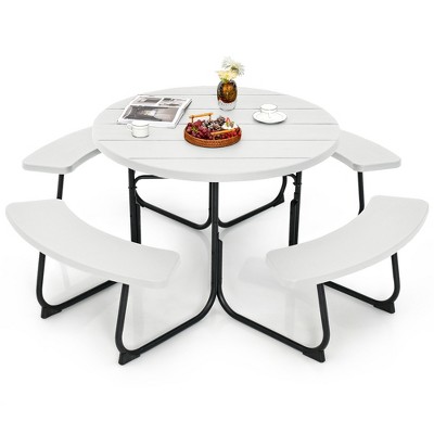 Costway Outdoor 8-person Round Picnic Table Bench Set with 4 Benches & Umbrella Hole Black/Grey/Green/White