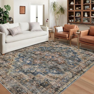 Acekool 8x10 Vintage Medallion Area Rug, Machine Washable Distressed Blue/Brown Non-Slip Stain Resistant Carpet for Living Room, Bedroom