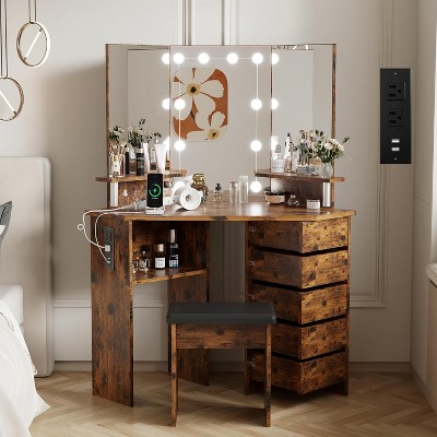 Farmhouse Vanity Desk with Mirror and Lights,Modern Makeup Vanity with Charging Station & 5 Rotating Jewelry Cabinet