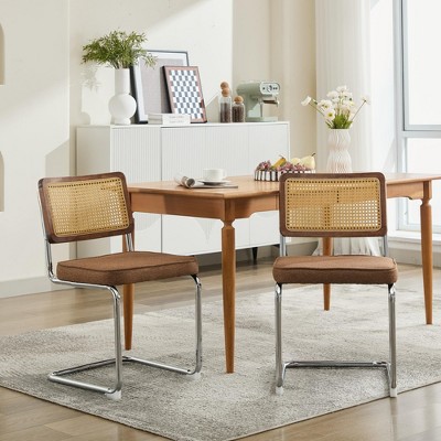 ORRD Mid Century Modern Dining Chairs (Set of 2) – Linen, Natural Cane Back, Chrome Base, Breuer Design, Coffee Color