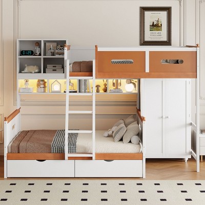 Twin Over Full Wooden Bunk Bed with Wardrobe, Drawers and Shelves