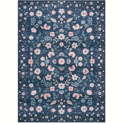 5x7 Boho Vintage Floral Area Rug, Machine Washable Low Pile Non-Slip Carpet for Living Room, Bedroom, Office Decor in Black
