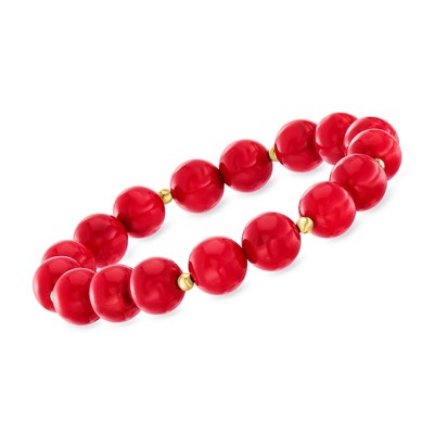 Ross-Simons 10mm Red Coral Bead Stretch Bracelet With 14kt Yellow Gold Size 7