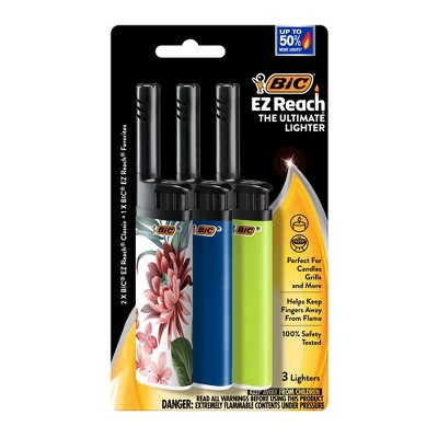 BiC EZ Reach 3pk Lighters: Up to 50% More Lights, Child-Resistant, Multipurpose Use, Butane Powered
