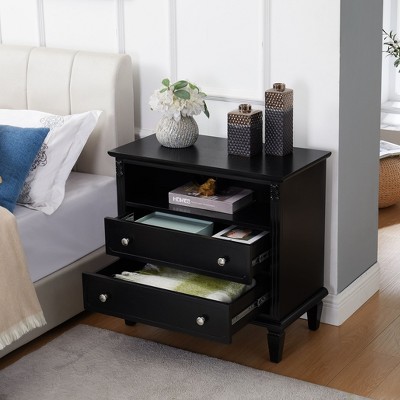 Kumasinova Wood Nightstand with Charging Station,End Table with USB Ports,Night Stand with Drawers&Open Shelf,Fluted Pilasters Side Table for Bedroom