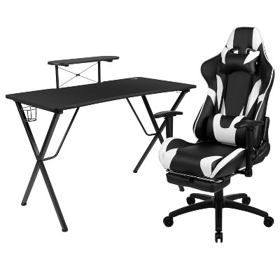 BlackArc Tango Gaming Desk & Chair Set - Reclining Gaming Chair with Slide-Out Footrest & Gaming Desk with Cupholder/Headphone Hook