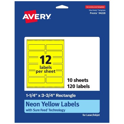 Avery Neon Yellow Paper Labels, 1.25" x 3.75" Rectangle