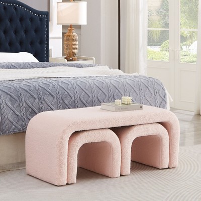 Kumasinova 44" U-Shaped Modern Teddy Fabric Accent Ottoman Bench for Living Room,Set of 3,Stackable End of Bed Bench,End Table&Stools
