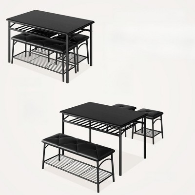 Industrial Dining Table Set for 4 with Upholstered Chairs and Bench, Kitchen Table with Storage Rack, Heavy Duty Metal Frame for Dining Room